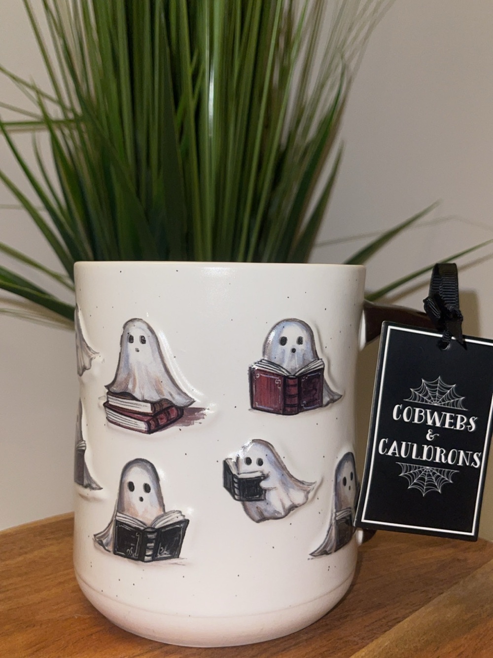 NWT Ghosts Reading Ceramic Mug - White with Black & Brown Accents